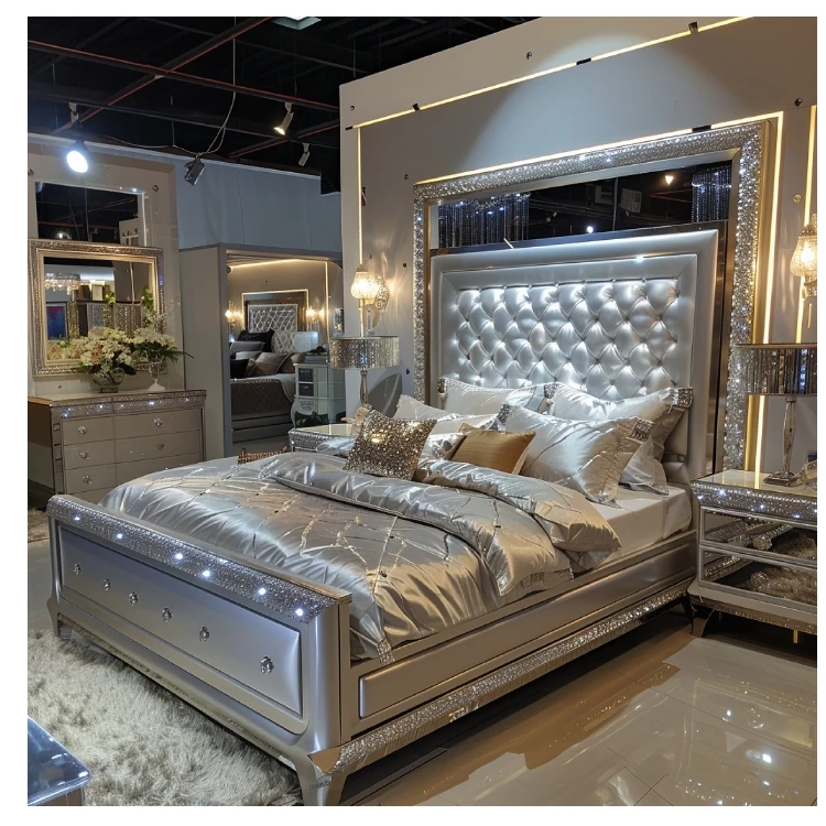 

！@China Factory Silver Frame Bedroom Furniture Mirrored Modern Style Bed Set