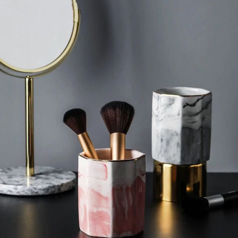 

1Pcs Marble Pattern Ceramic Storage Cup Grey with Gold Rim Nordic Style Organizer for Brushes Pens Toothbrush Holder