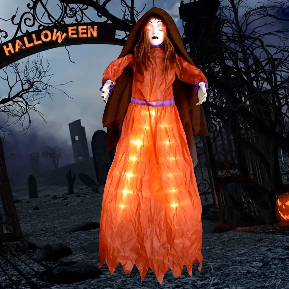 1PC Halloween Decorations Scary Red Female Ghost Hanging Ornaments Eyes Glowing With Terror Electric Toy Gift for Kids