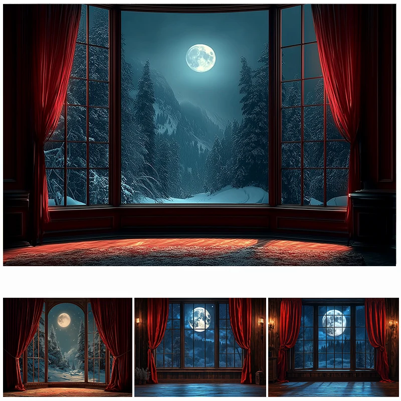 

LS Photography Background Winter Christmas Window Curtain Forest Snow Xmas Kid Family Portrait Decor Backdrop Photo Studio