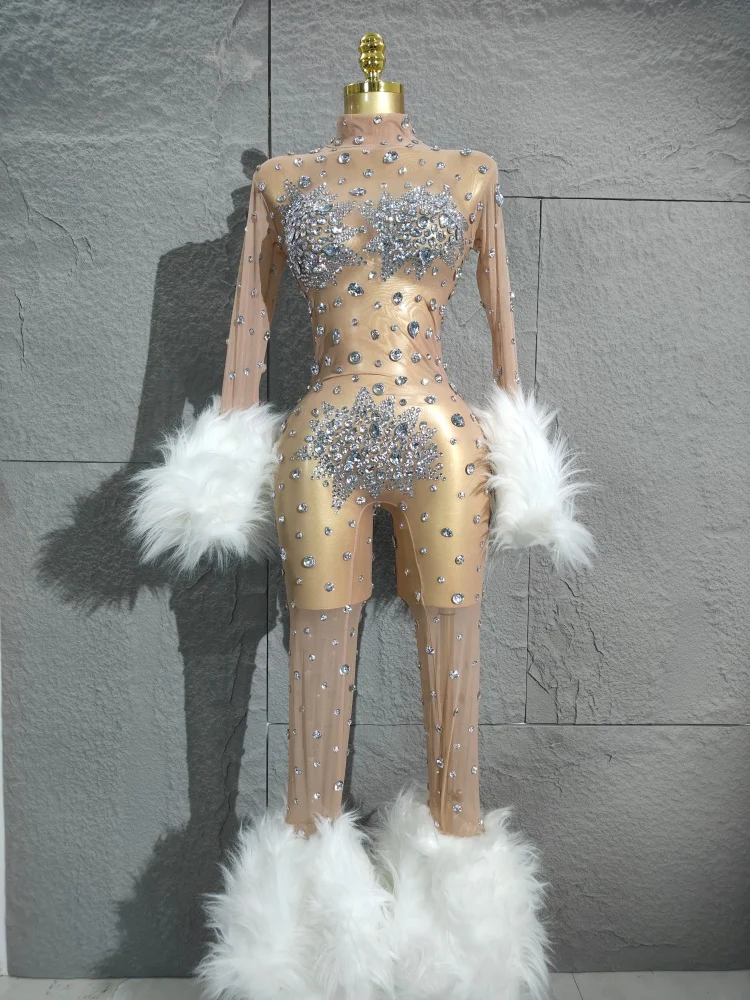 Sexy maglia di diamanti lucidi vedere attraverso tuta aderente da donna sexy manica lunga performance cantante costume discoteca vestito di scena