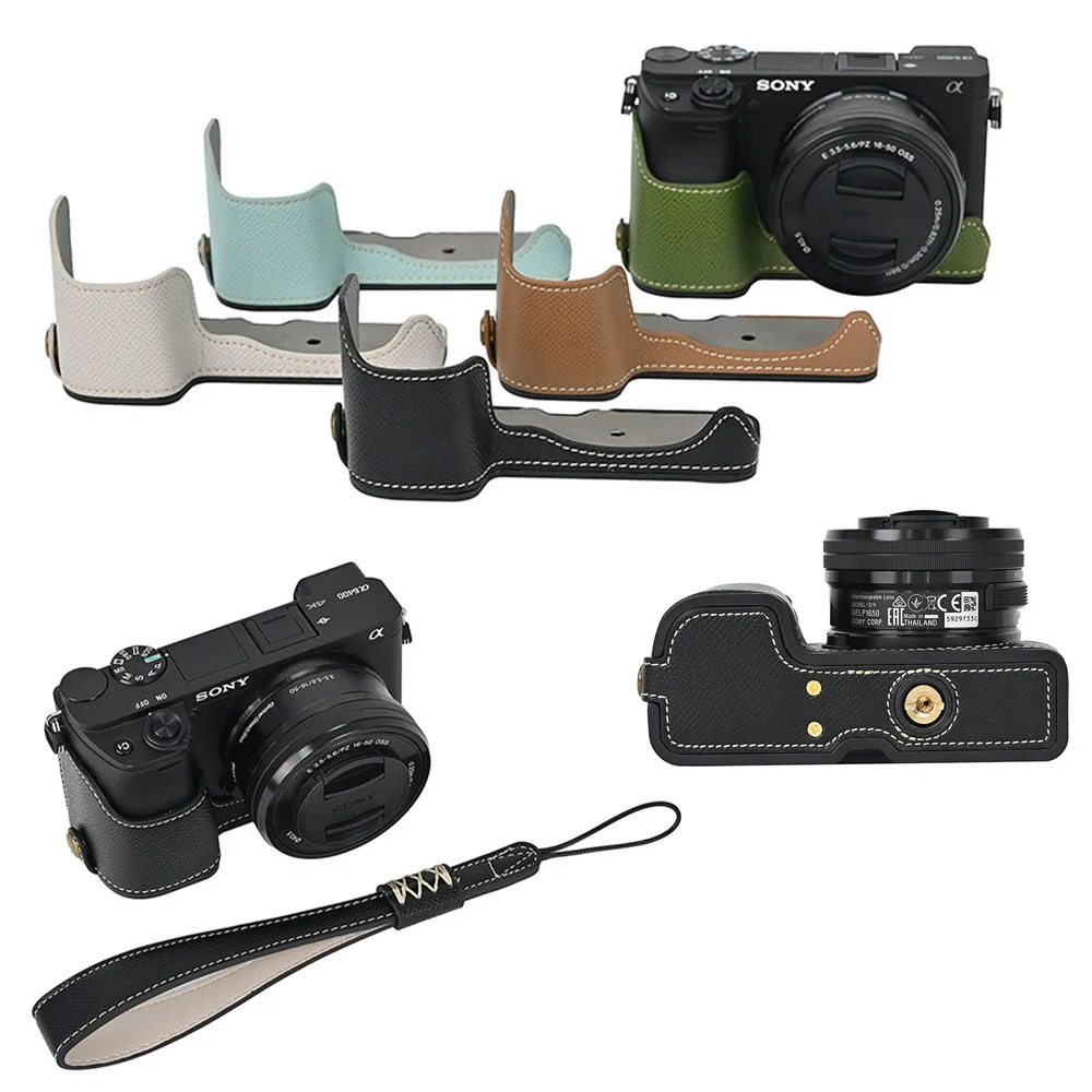 Camera Half Body Case For Sony A6400 A6300 A6000 A6100 Battery Opening Bottom Cover With Hand Strap Palm Print PU Leather