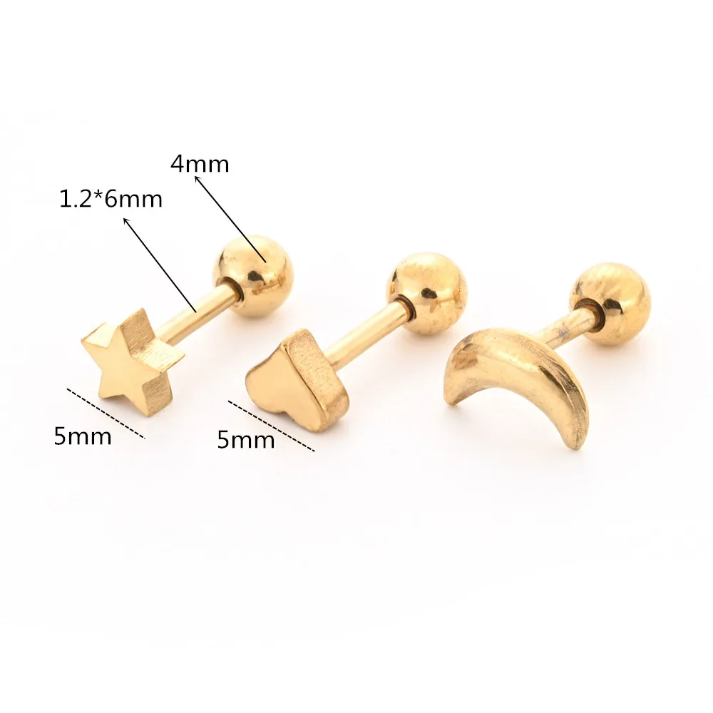 Girls Screw-back Stud Earrings Brief Heart Star Moon Shpae 316l Stainless Steel IP Plating No Fade Allergy Free