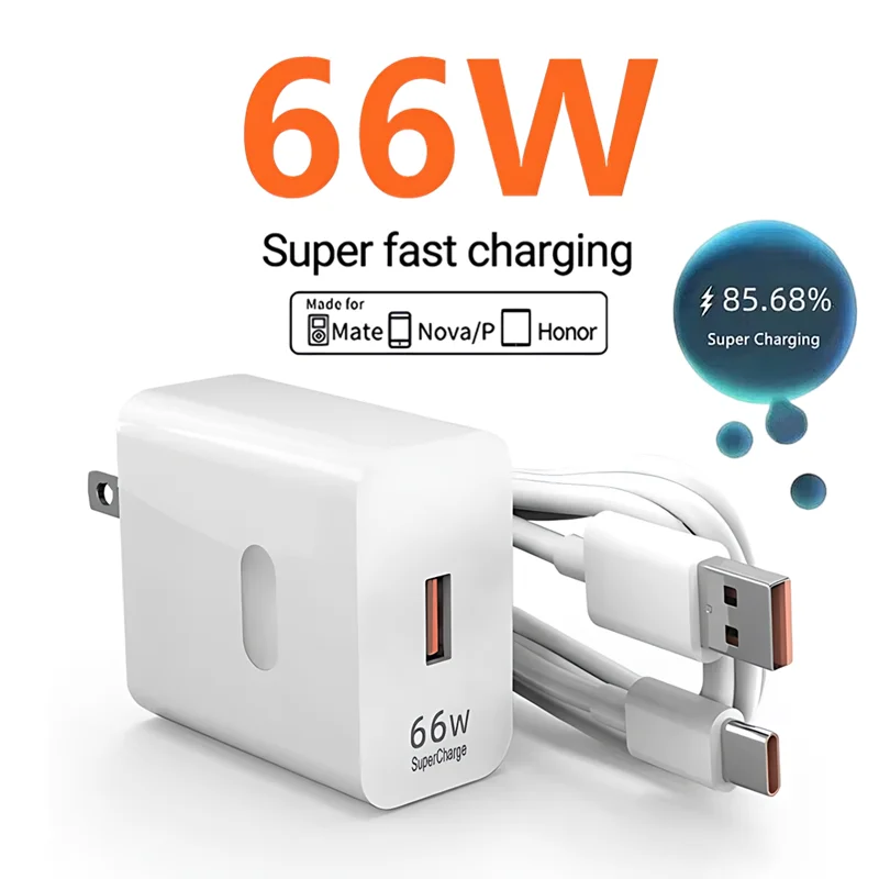 US Plug 66W Super Fast Charger For Huawei Mate 40 50 60 P50 P60 Nova 12 Honor 200 Magic 4 5 Pro 6A Type C USB Quick Charge Cable