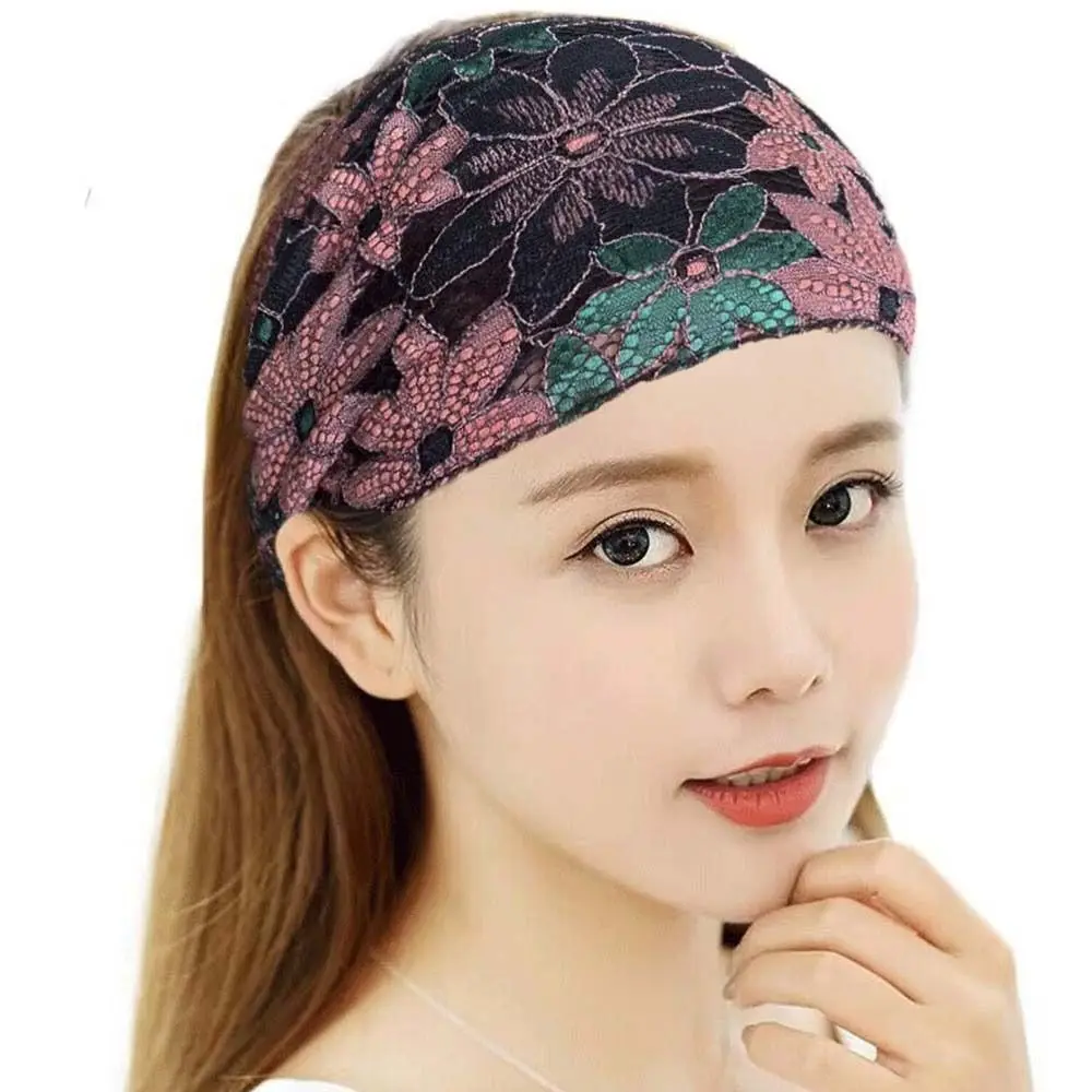 Personality Non Slip Mesh Flower Headband Hollow Lightweight Lace Hairbands Korean Style Elastic Wide Side Head Wrap Mother