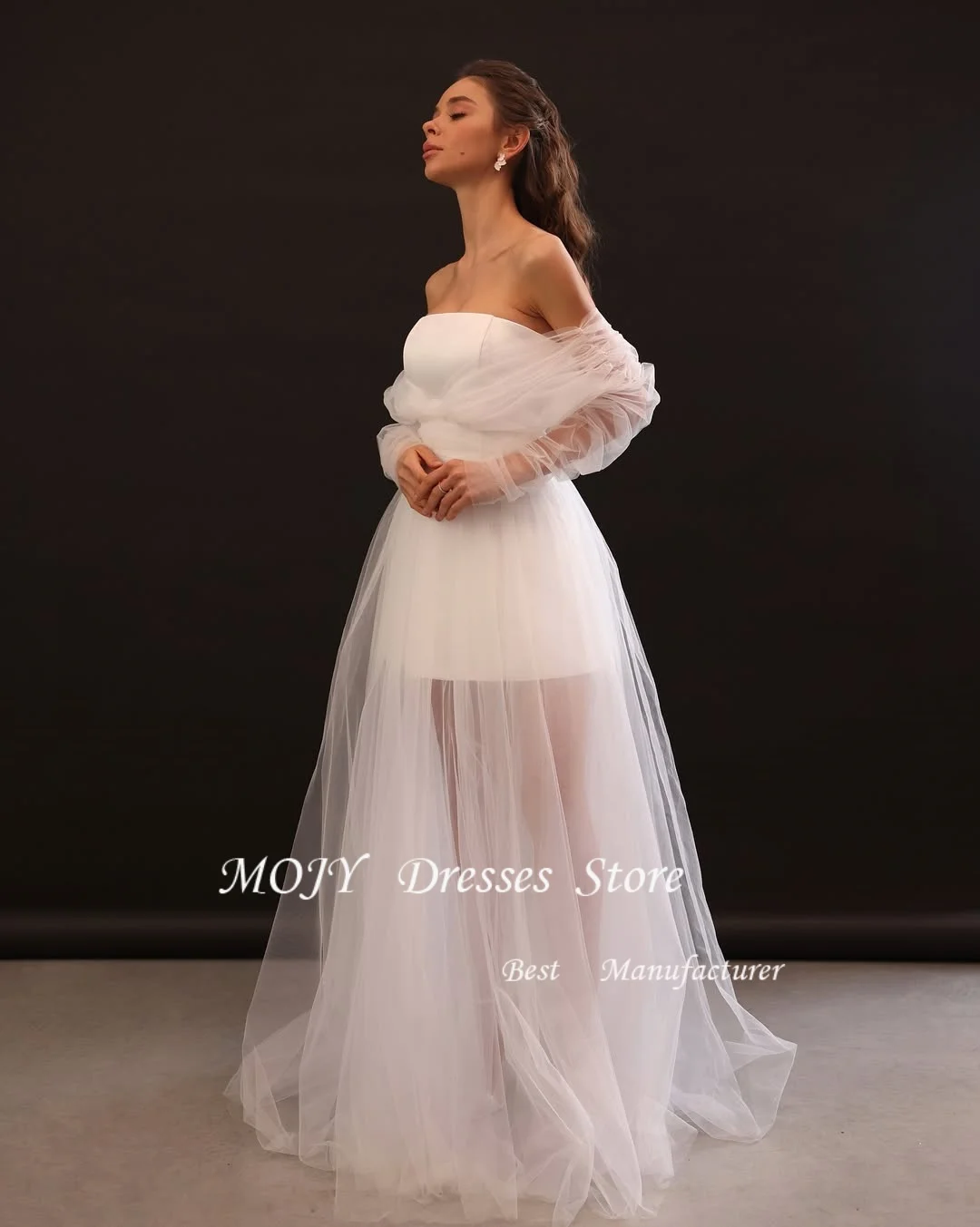 Mojy فستان الزفاف المرأة ألف خط الحبيب قبالة الكتف منتفخ الأكمام عارية الذراعين فستان زفاف Vestidos De Noiva مخصص