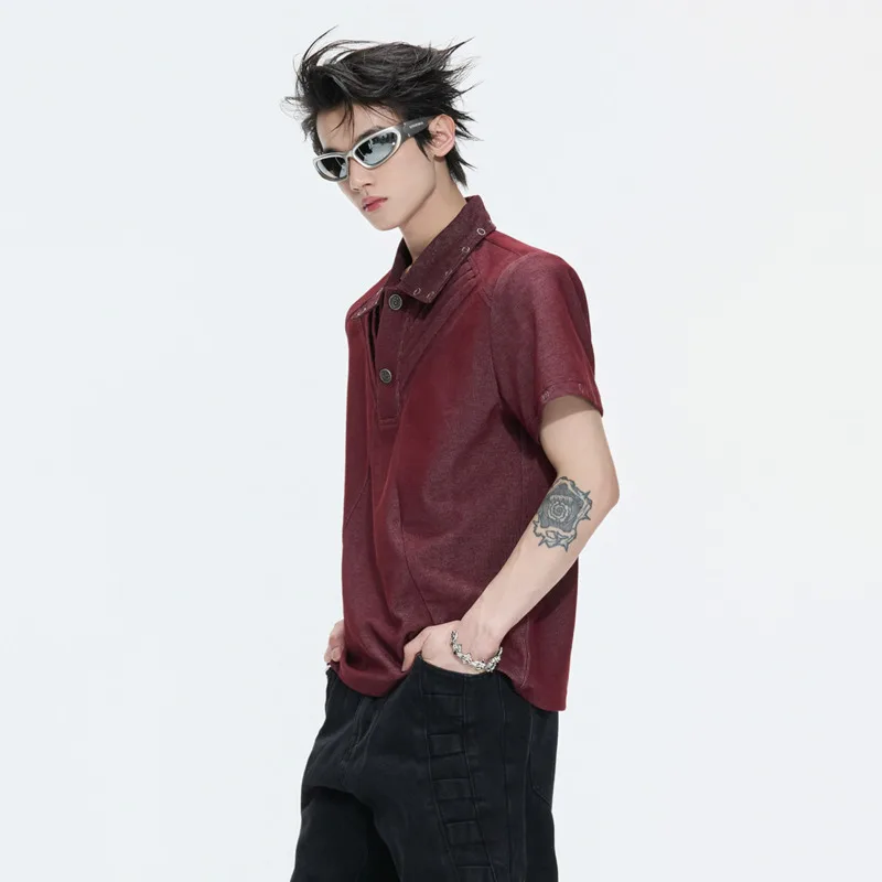 LUZHEN 2026 Summer Rivet Decorate Lapel Short Sleeve Shirts Pullover Men's Fashion Handsome Solid Color Shoulder Pad Tops JY6901