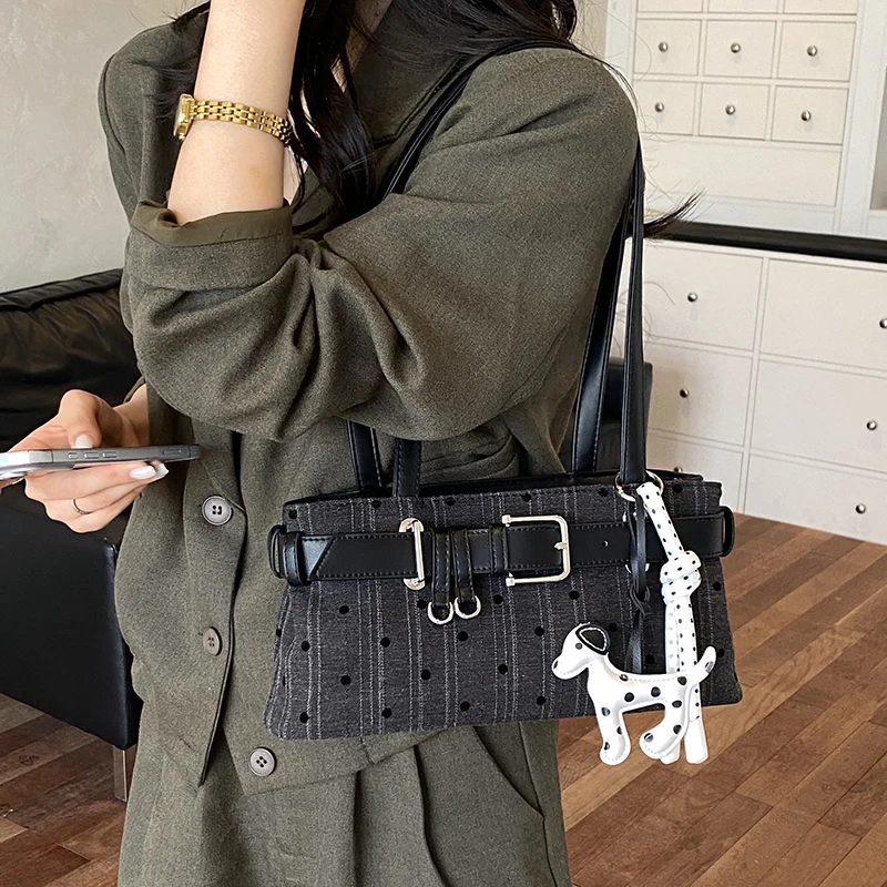 Vintage Polka Dot Women Shoulder Bag PU Splice Fabric Handbag Belt Decor Large Capacity Underarm Tote Bag For Daily Work Shop