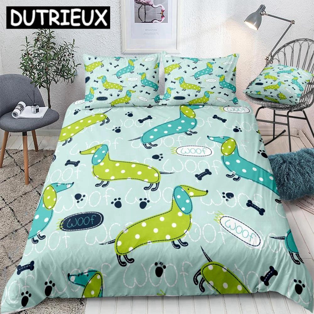 Dachshund Duvet Cover Set Blue Green Sausage Dog Bedding Kids Boys Girls Cartoon Dog Quilt Cover Queen Bed Set Dog 3pcs Dropship