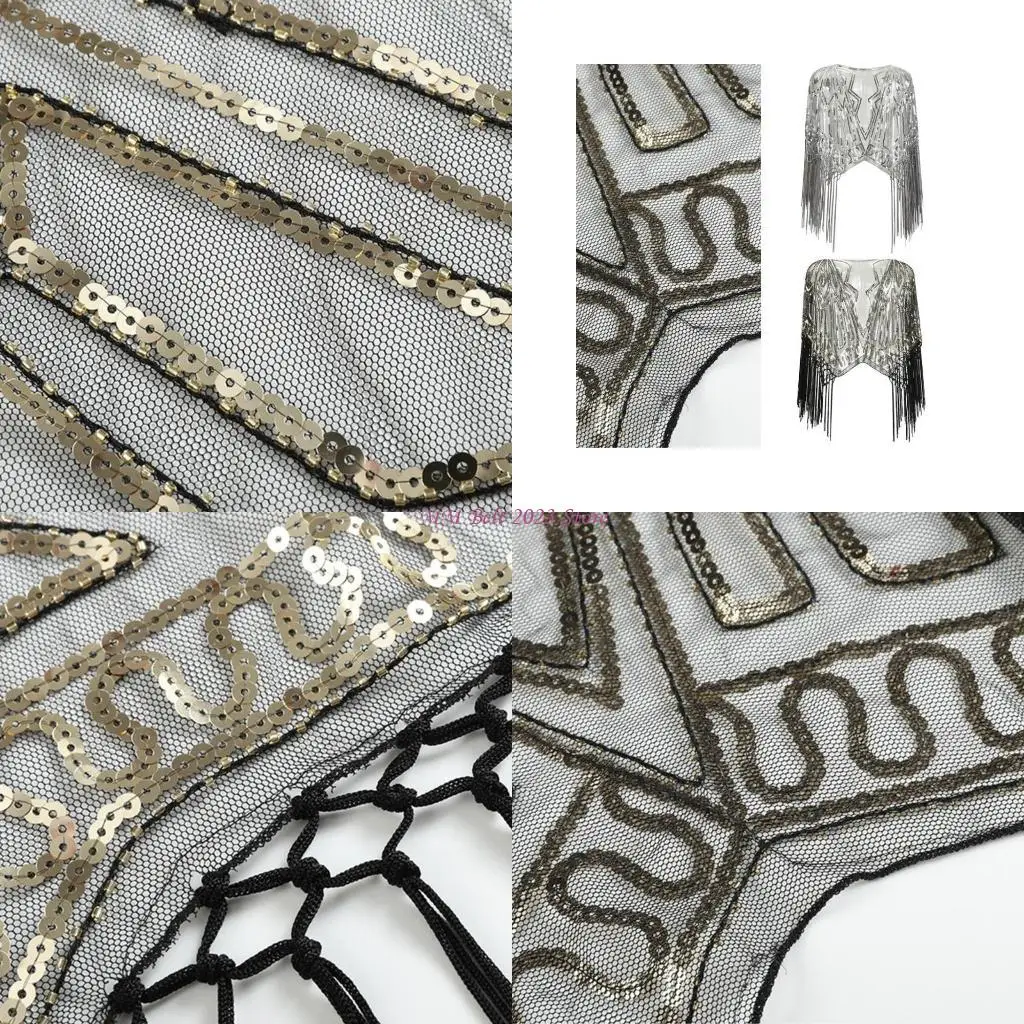 49ME Decorative Sequined Fringe Shawl Elegant Party Cover Up Fashionable Women's Tassels Capelet Formal Clothing Accessory