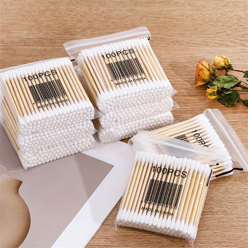 500 個無香料綿棒双頭木製スティックメイク落とし & クリーニング耳綿棒使い捨て