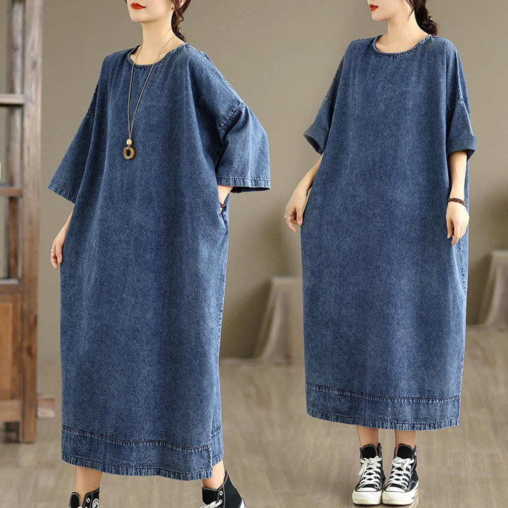 NYFS حجم كبير فستان طويل كاجوال من قماش الدنيم الصلب فستان نسائي فضفاض رداء خريف 2025 Elbise #5