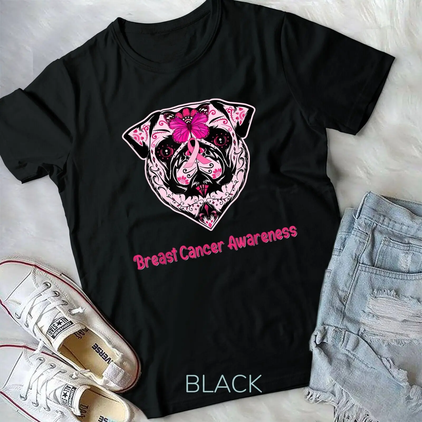 Sugar Pug Dog Breast Cancer Awareness Day Of The Dead Unisex T-shirt