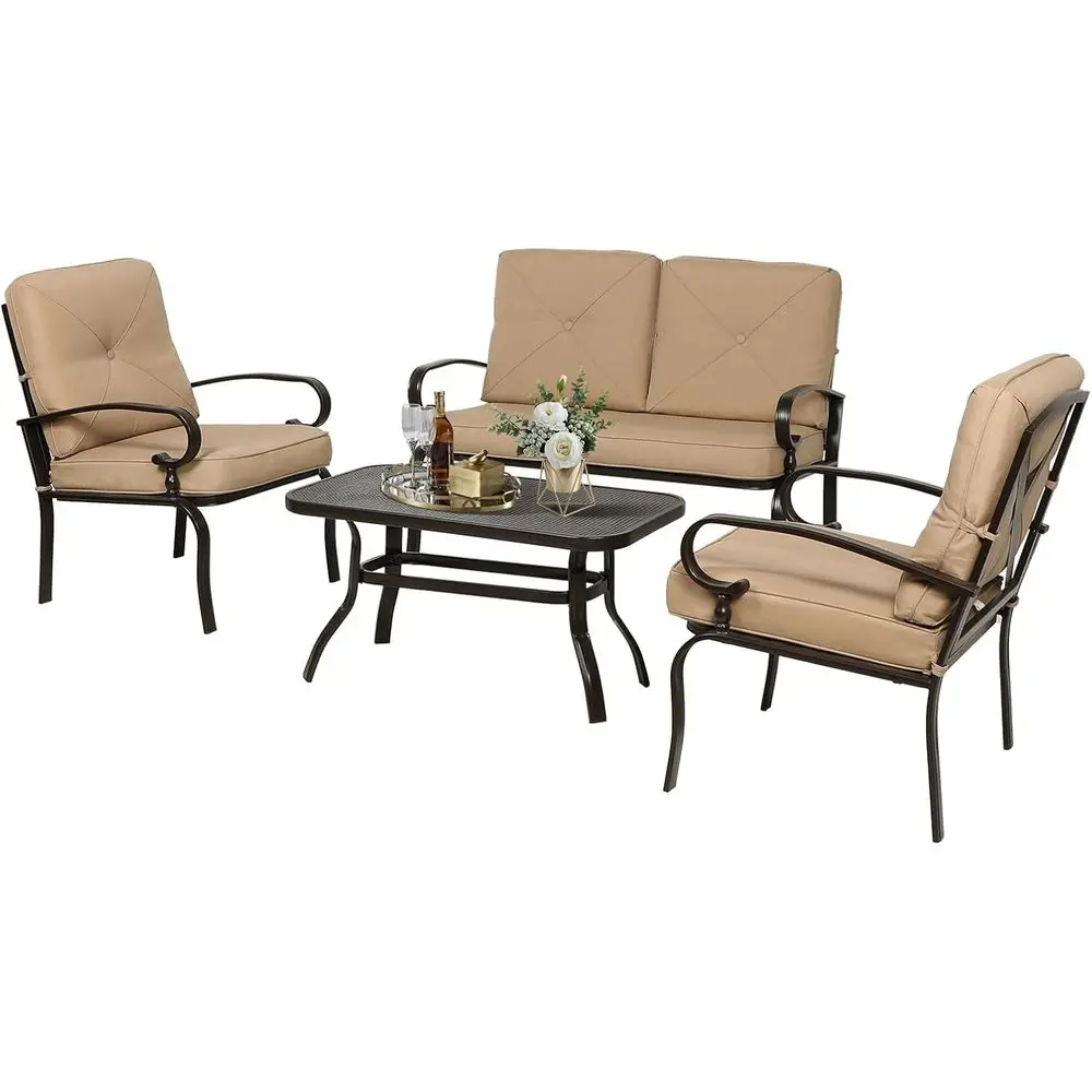 

Коричневый комплект мебели для патио из кованого железа: двухместный диван, 2 стула, журнальный столик с подушками