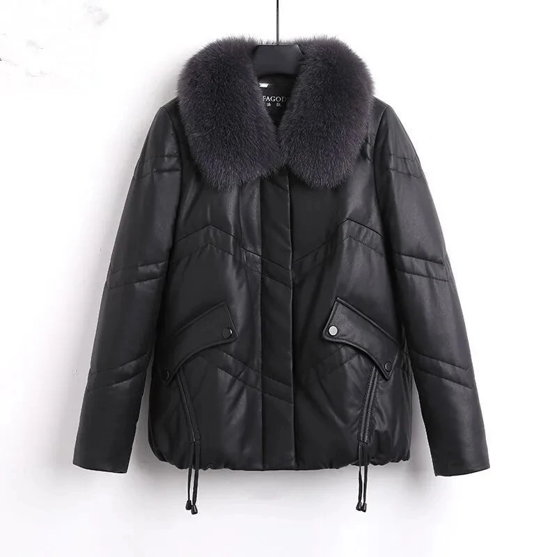 PU Leather Down Cotton-Padded Jacket Women Overcoat Winter New Imitation Fox Fur Collar Thick Warm Parker Coat Loose Short Coat