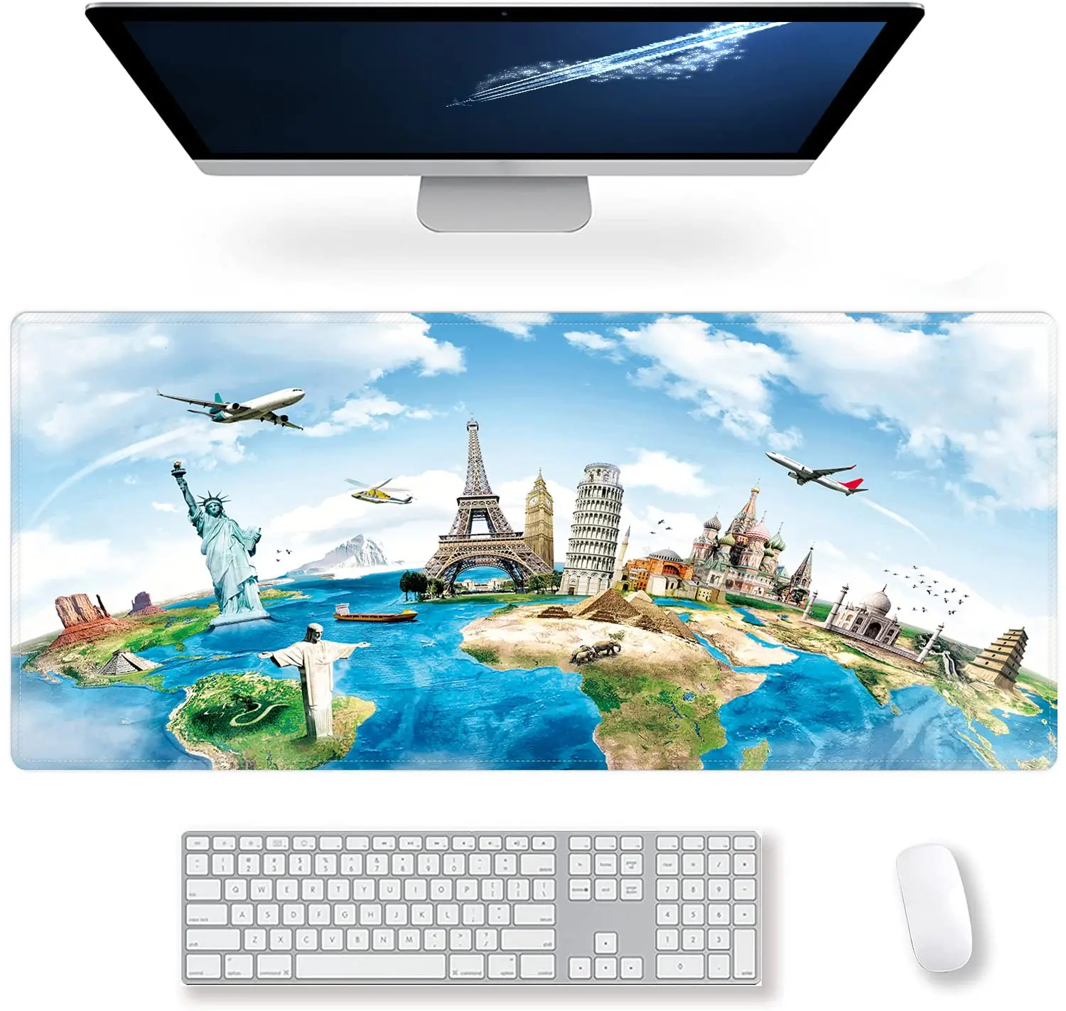 

Large Gaming Mouse Pad Around World Monument Keyboard Mouse Mat Desk Pad with Non Slip Rubber Base Stitched Edges Office Decor