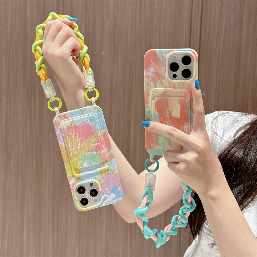 Oil Painting Pattern Phone Case for IPhone 15 14 Plus 12 13 Pro Max Credit Card Slot Holder Wallet Wrist Strap Soft TPU Cover