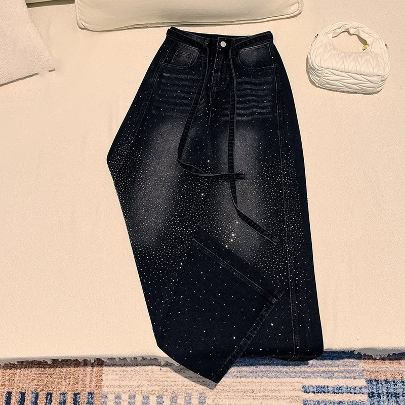 Retro Black Gray Gradual Change Flash Diamond Wide Leg Pants High Waist Drawstring Thin Street Wind Loose Straight Mopping Jeans