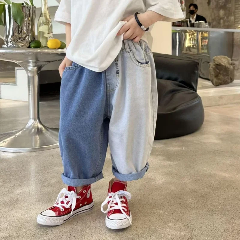 Kids Pants New Spring 2025 Simple Style Wide Leg Jeans Fashion Korean Color Blocking Cowboy 2-7Y