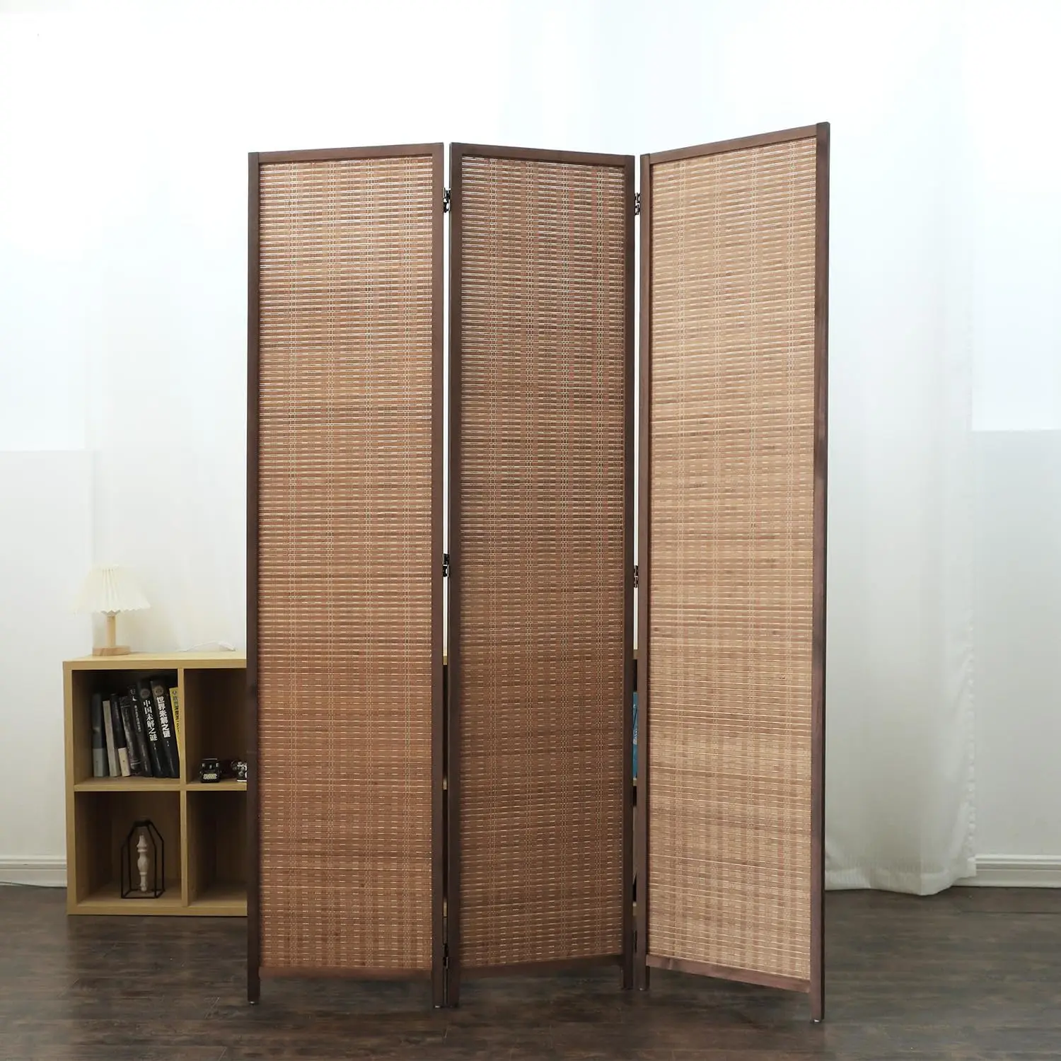 3 Panel Bamboo Folding Room Divider, Freestanding Privacy Screen Partition Wall, Natural Wooden Frame Space Separator Screen For Home Office Bedroom Living Room, Natural Brown, 1 Pack
