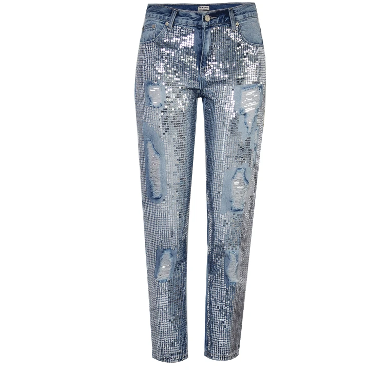 Street Loose Straight-Leg Denim Cropped Pants 2024 Spring Summer Sequins Embedded Make Old Blue Ripped Jeans for Women