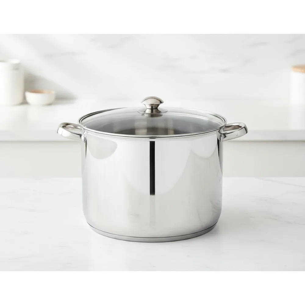 

12-литровая кастрюля из нержавеющей стали со стеклянной крышкой — безопасная для духовки, индукционная совместима — идеально подходит для семейного приготовления и приготовления еды