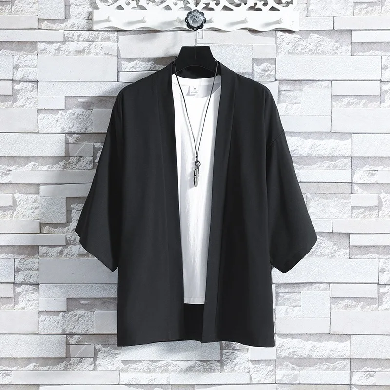 Men Chinese Style Ice Silk Kimono Cardigan Three Quarter Sleeve Thin Sun Protection Loose Casual Open Front Jacket
