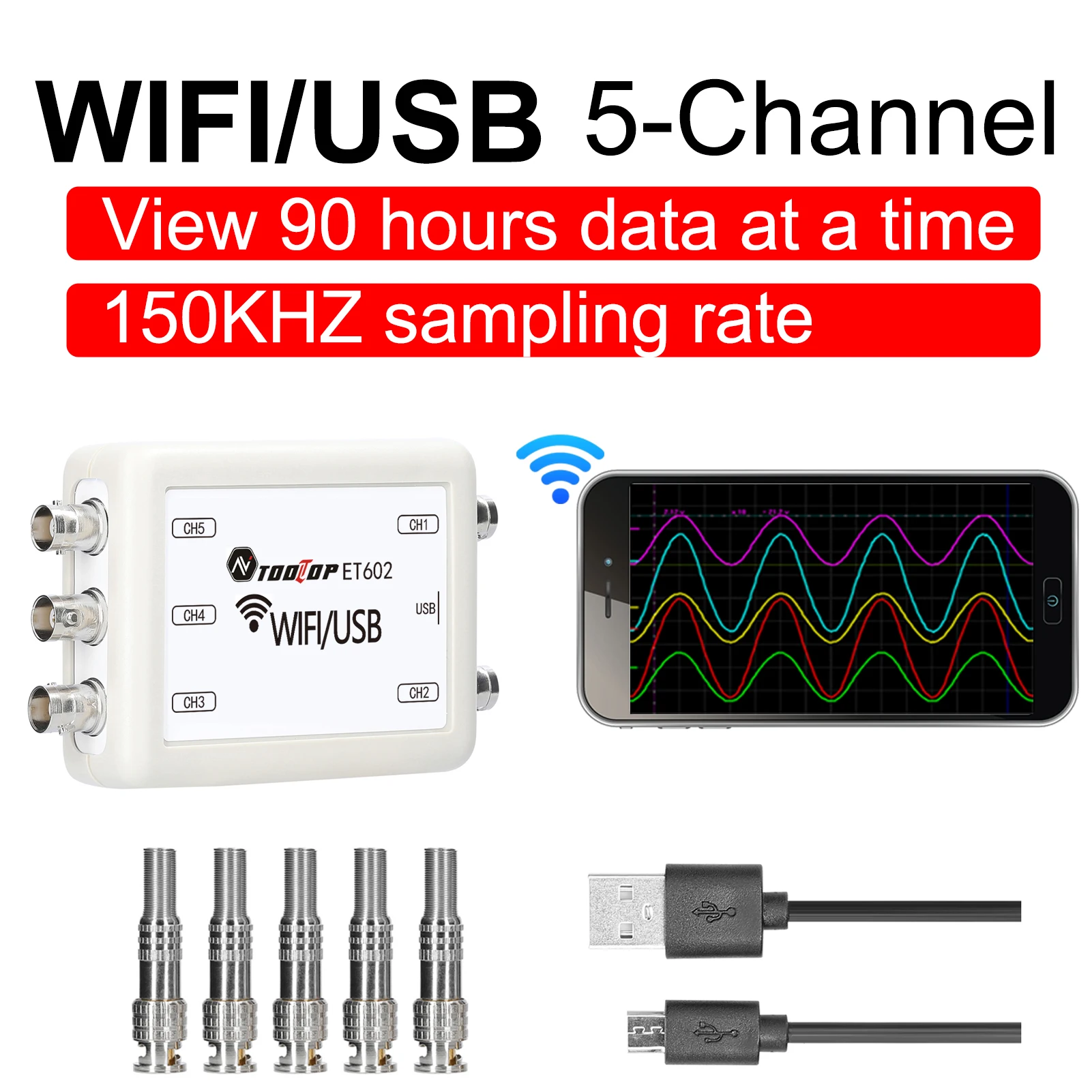 TOOLTOP Wi-Fi USB 5 Channels Virtual Oscilloscope Wireless Storage PC Oscilloscope Recorder Car Automobile Repair Tools