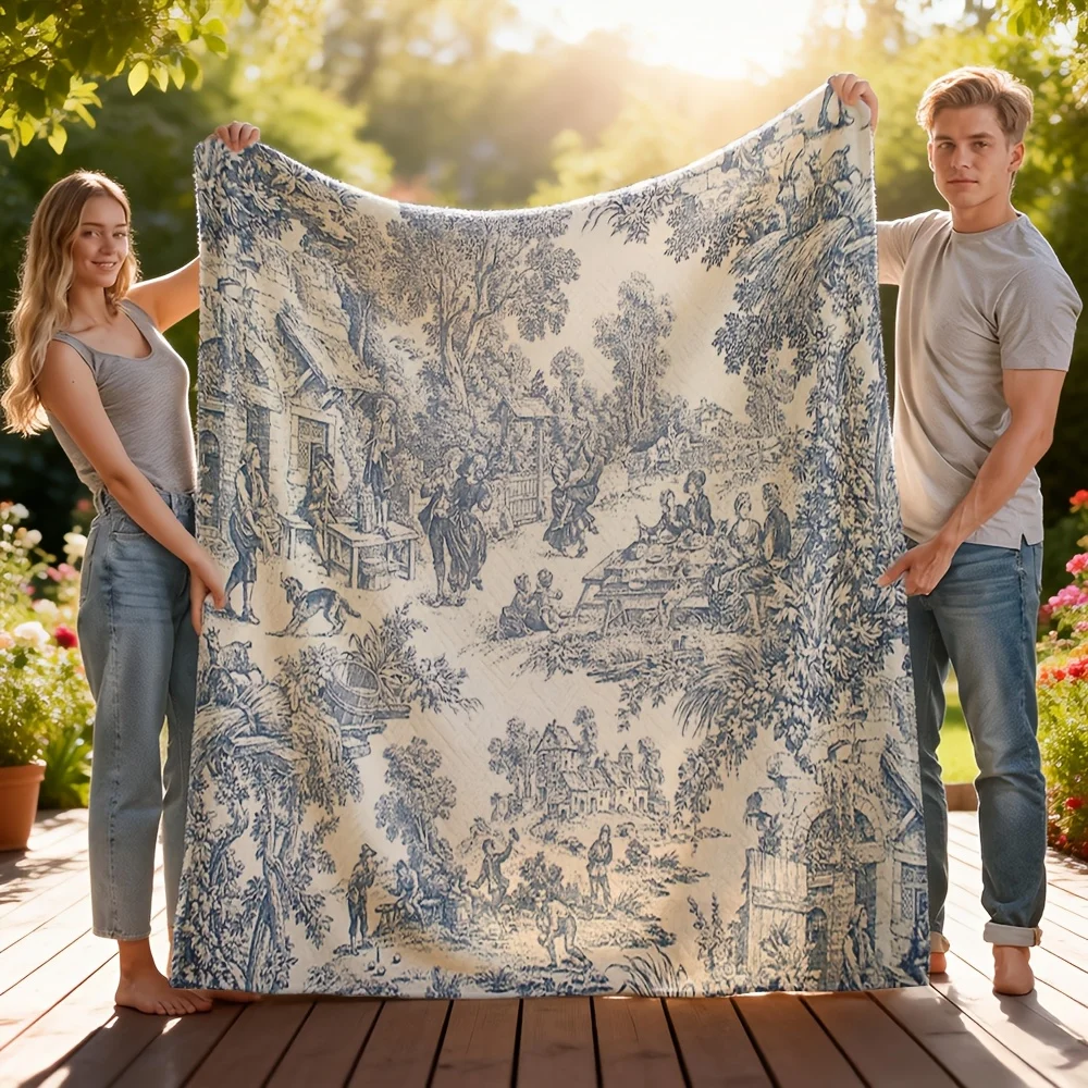 Vintage Blue and White Transferware Style Picnic Scene Throw Blanket for Couch Bedding Decor