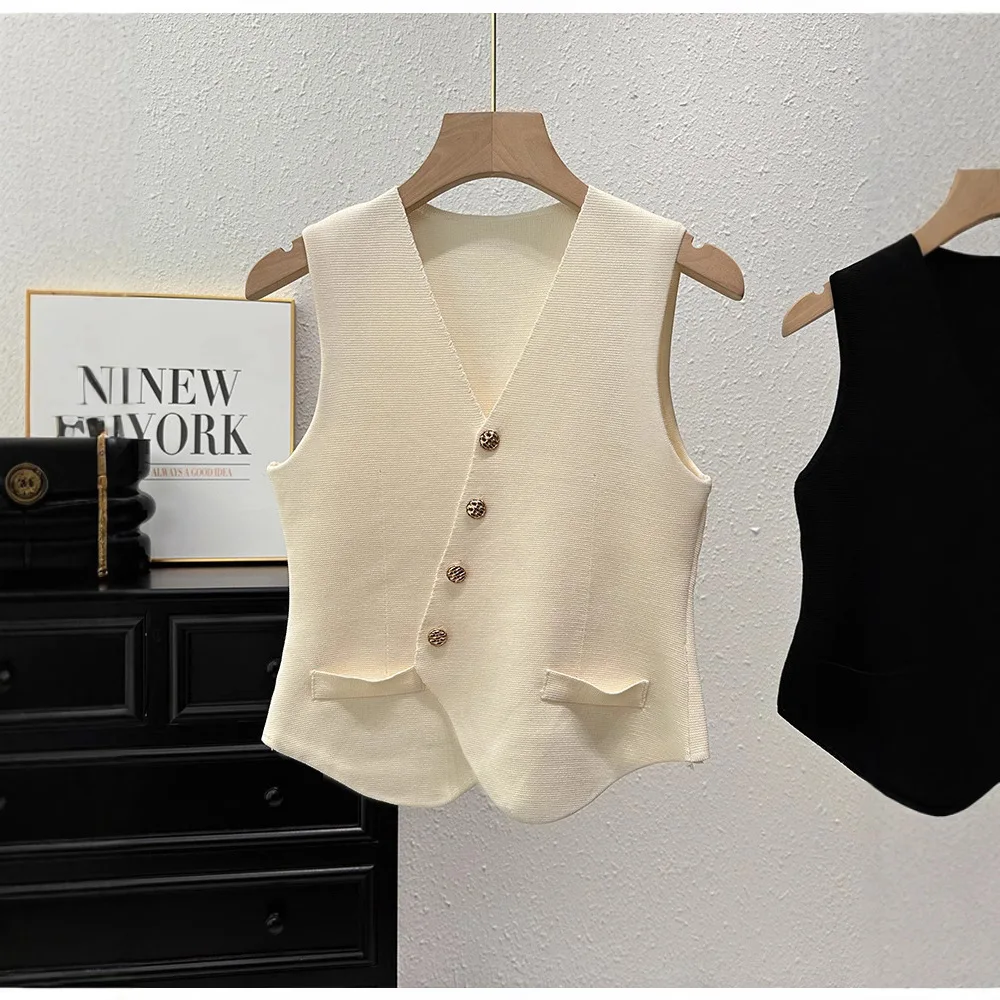 Knitted Vest Women's Summer French Retro V-neck Slim Sleeveless Suit Vest Chic Irregular Top Jaqueta Feminina Waistcoat