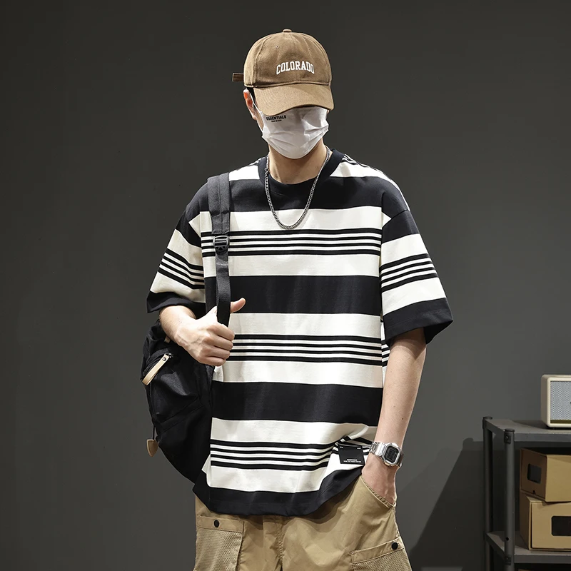 

BG010173 Summer new striped fashion casual trend men's short-sleeved casual men's T-shirt