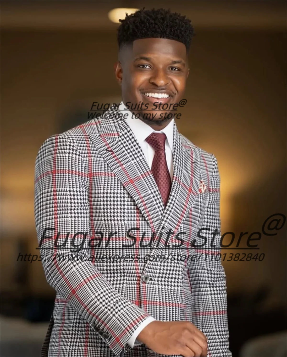 Classic Plaid Men Suits Handsome Slim Fit Double Breasted Groom Wedding Tuxedos 2 Pieces Sets Male Party Blazers Costume Homme