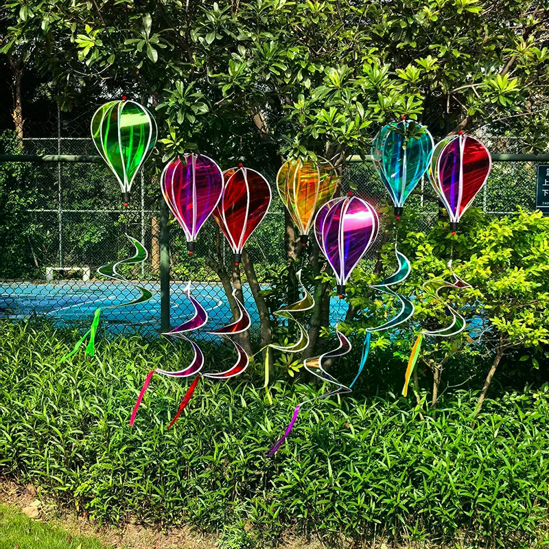 Rainbow Striped Hot Air Balloon Wind Spinner Color Changing Film Rotating Windmill Home Ornament