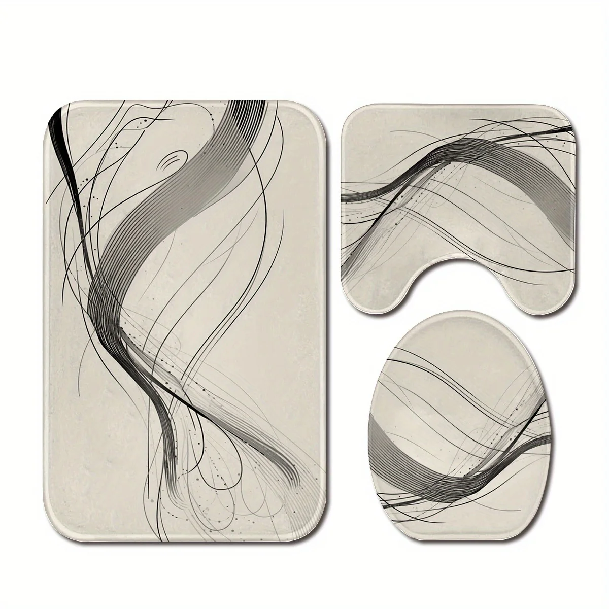 

３pc Modern minimalist abstract line art bathroom decoration, polyester fabric, U-shaped mat, non-slip mat, toilet seat cover mat