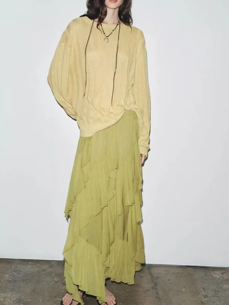 

European style new women's fashion versatile temperament simple solid color layered decorative long skirt