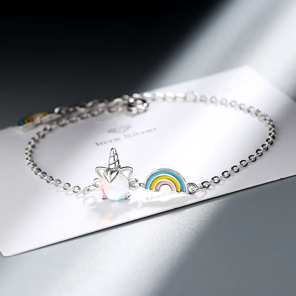 925 Sterling Silver Opal Rainbow Unicorn Charm Bracelets & Bangle For Women Wedding Party Jewelry Gift 2022 New Trendy