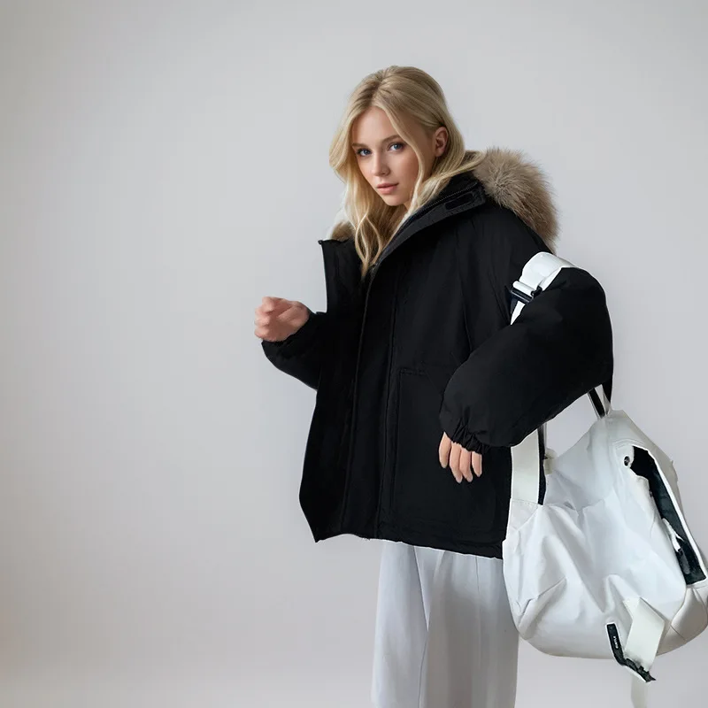 Giacca invernale imbottita da donna ispessita Tasche in tinta unita Cappotto con cappuccio rifinito in pelliccia sintetica per donna Giacca trapuntata da donna corta