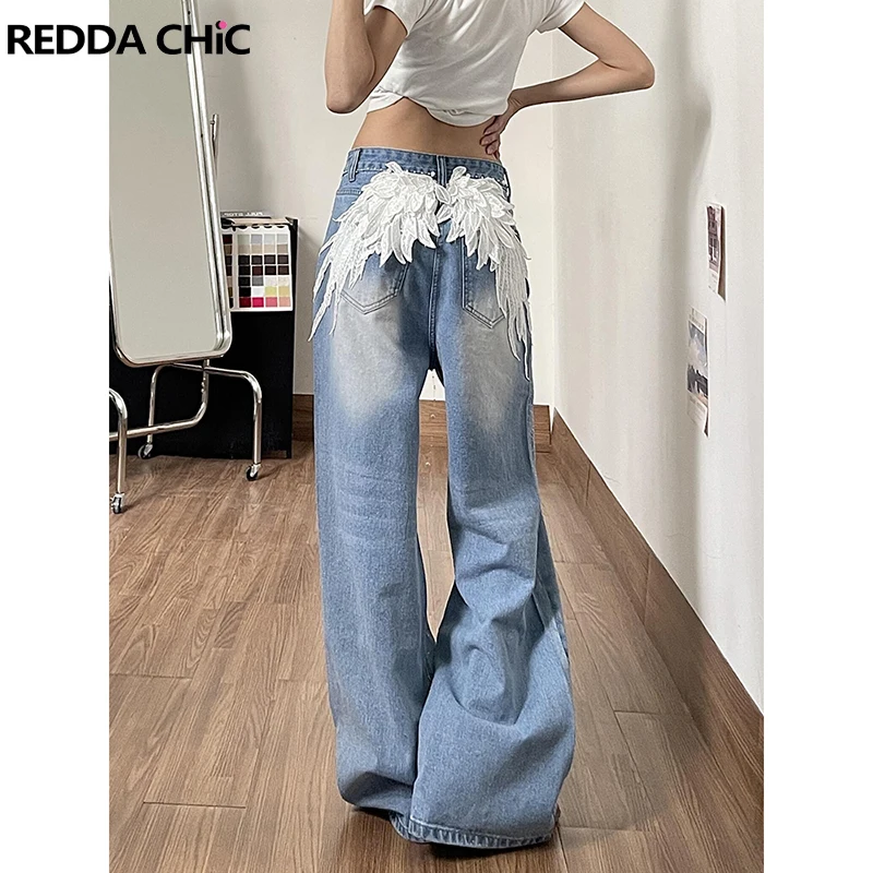 

ReddaChic Aesthetic Women Baggy Jeans Vintage Angel Wings Applique Damaged Do Old High Waist Wide Leg Denim Pants Y2K Streetwear