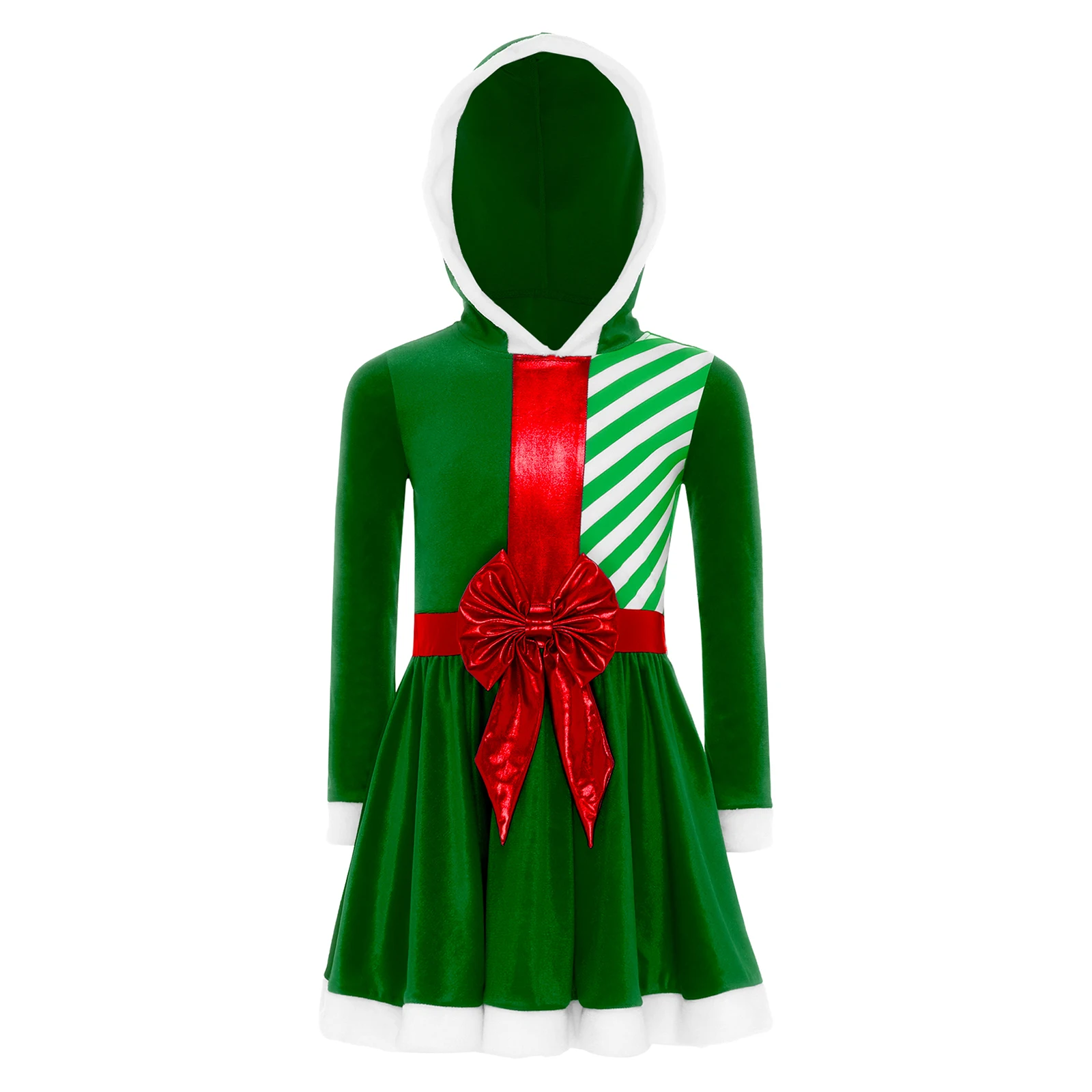 أطفال بنات حفلة عيد الميلاد زي الزنجبيل رجل فستان طويل الأكمام المرقعة شريط الخصر القوس وأشار Pompom هوديي فساتين