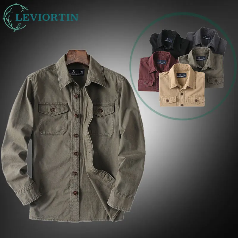 Men's Simple Workwear Shirt Jackets Japanese Retro Washed Cotton Work Shirt Casual Loose Long Sleeve Shirts With Doubles Pockets