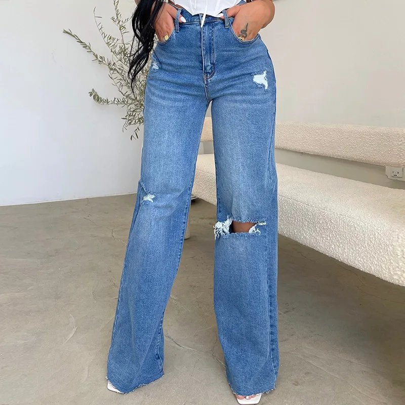 2024 station new distressed denim pants women's high waisted loose straight leg drape wide leg mop pants