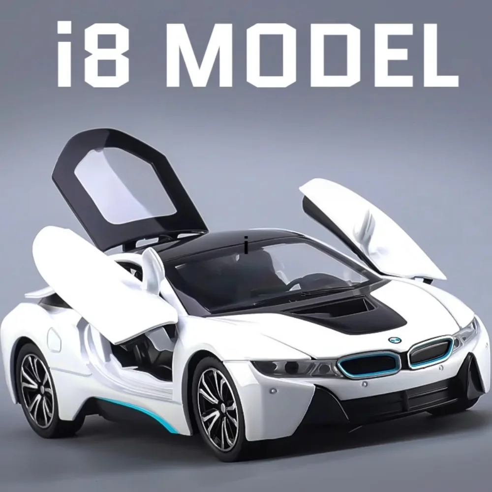 

1:22 BMW I8 модель игрушечного автомобиля из сплава, литая под давлением металлическая имитация откатного механизма, масштабные модели, звуковой свет, модели транспортных средств, лучшие подарки на день рождения