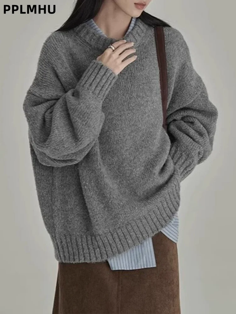 

Baggy Vintage Long Sleeved O-Neck Knited Sweater Thicked Women's Casual Knitwear Pullover Top Loose Fashion Warm Jumpers
