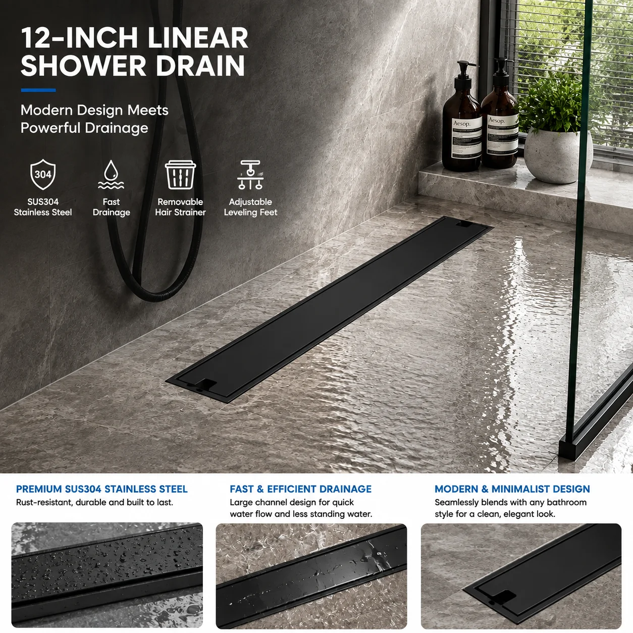 APPASO 12 Inch Linear Shower Drain, Matte Black 304 Stainless Steel, 2-in-1 Flat & Tile Insert Cover, Removable Hair Strainer, Adjustable Leveling Feet