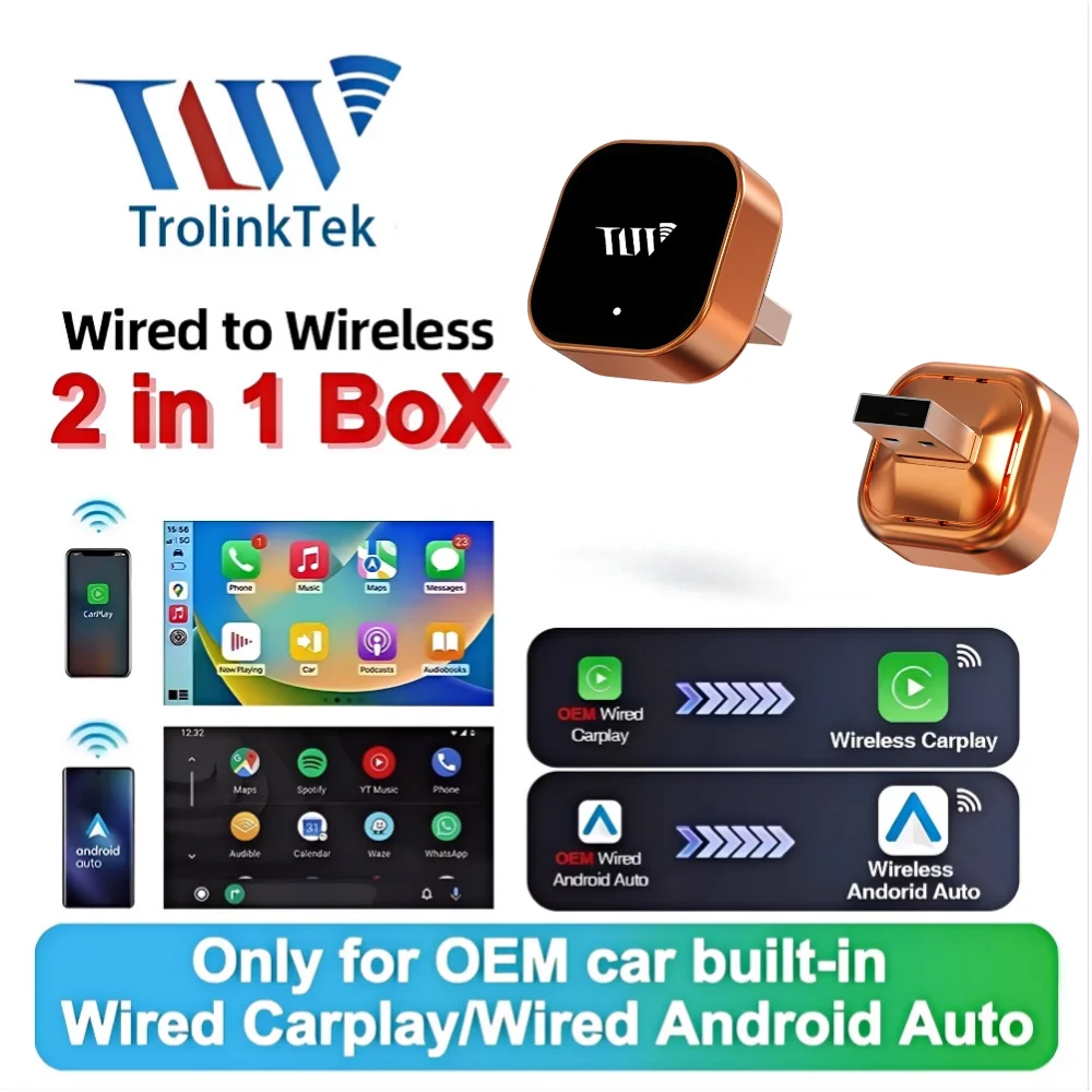 TrolinkTek 2in1 Wireless Android Auto Adapter Wireless CarPlay Dongle Car Intelligent Systems AI Smart Box For Car Wired CarPlay