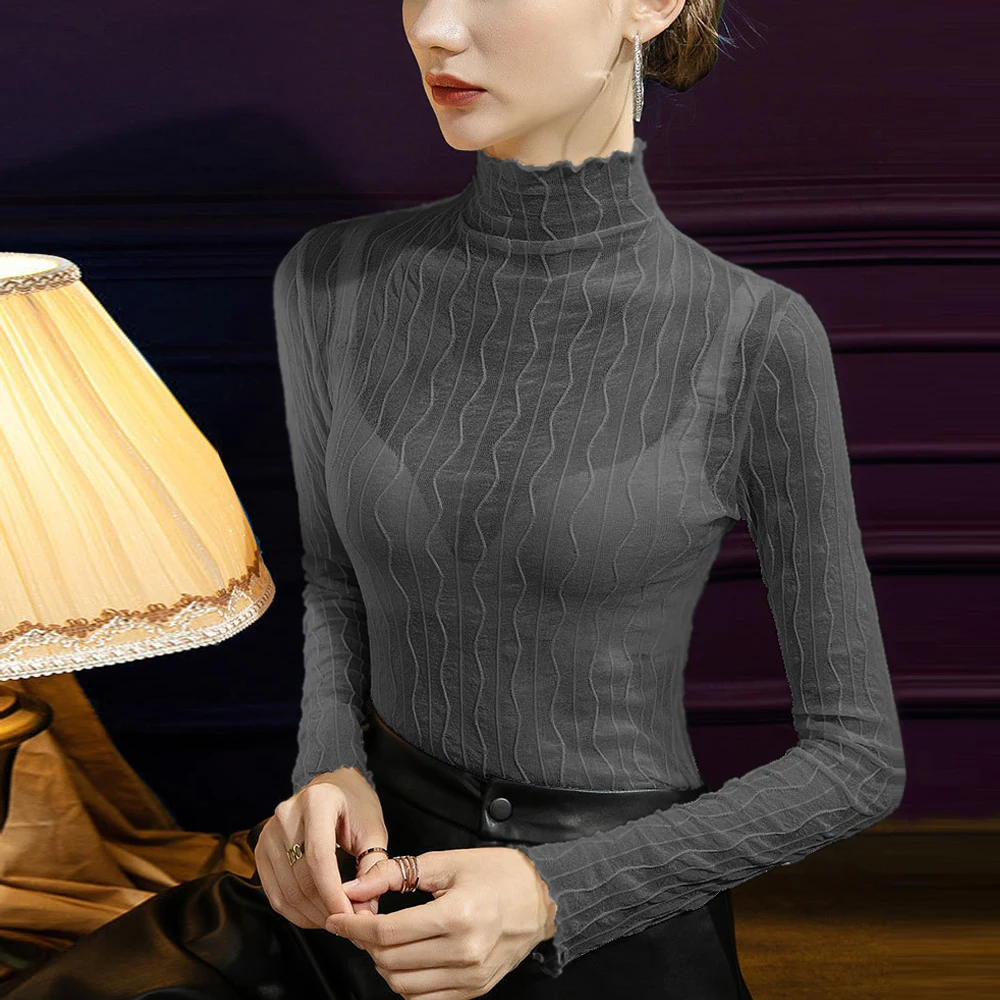 

Y2K Full Sleeve T Shirts Girls Women Sexy Transparent O Neck Turtleneck Tees Female S-XL Black White Coffee Apricot Tpos Clothes