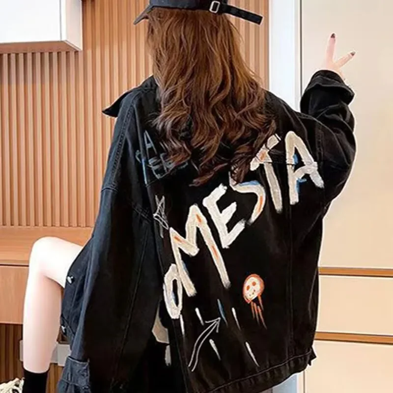 البوب المطبوعة الدنيم سترة المرأة ربيع 2025 الخريف جديد البرية سترة الإناث جيب سترة معطف أسود أزرار بلايز عادية #2