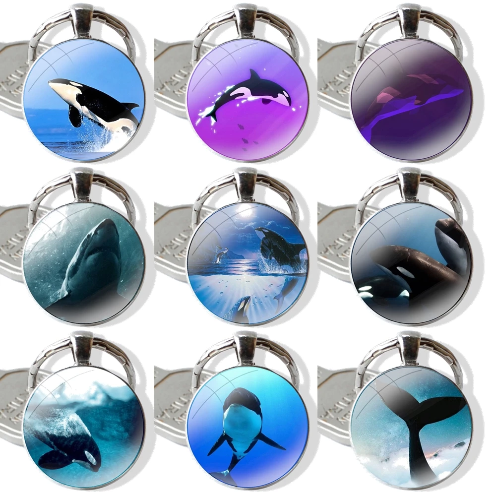 Glass Metal Pendant Key Chain Classic Men Women Key Ring Accessories Jewelry Gifts Killer Whale Orca