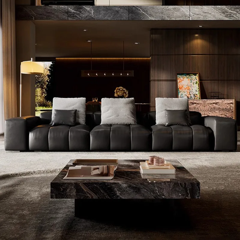 Pixel leather sofa black living room large flat layer Italian minimalist designer first layer cowhide straight row sofa