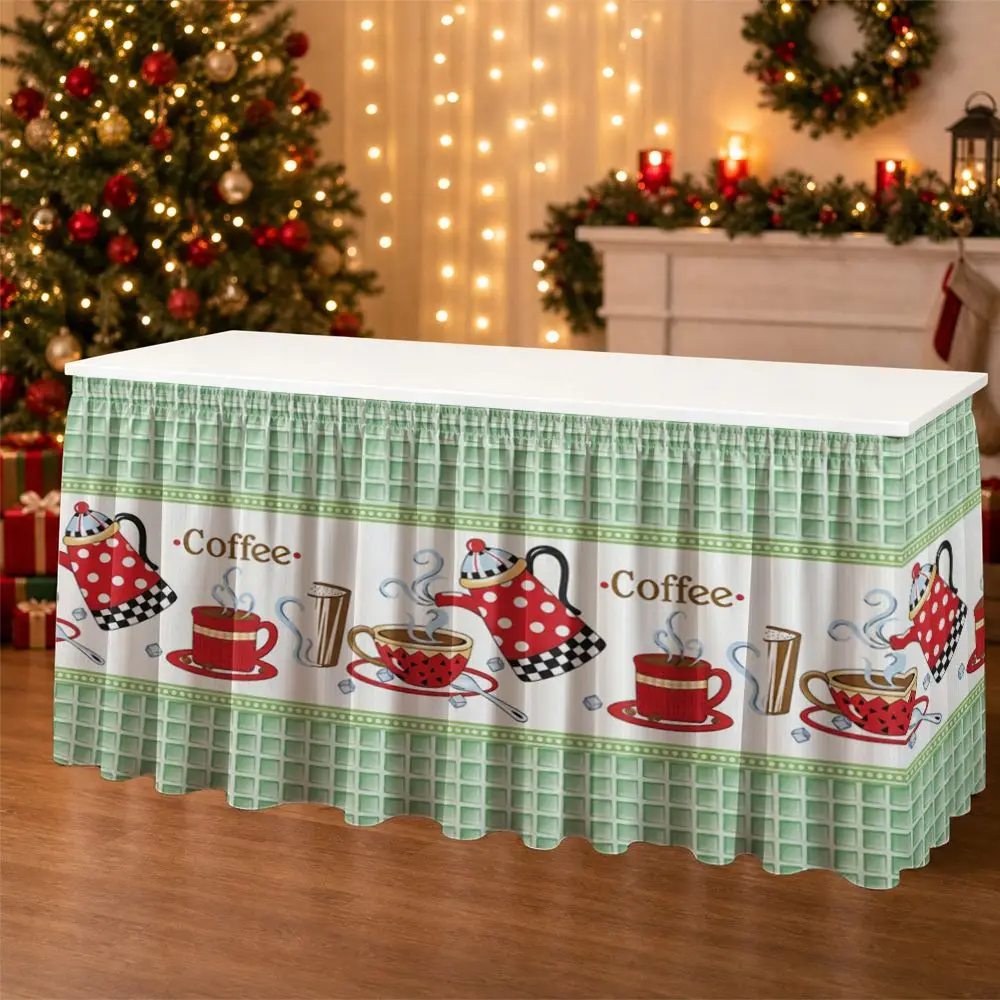One-piece party table skirt decoration - red polka dot coffee pot pattern - ruffled table skirt